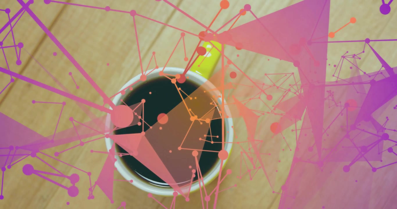 Pink node network fading in around coffee mug, branching and pulsing triangles to show data flow