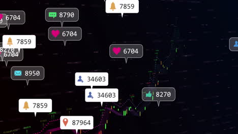 Animación-De-Iconos-De-Redes-Sociales-Flotando-Sobre-El-Procesamiento-De-Datos-Financieros-Sobre-Fondo-Negro