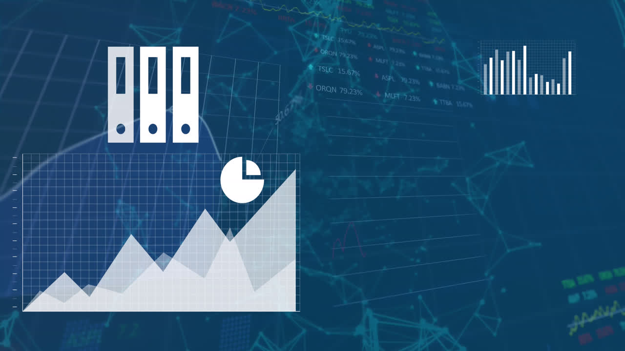 animación de múltiples íconos, gráficos y tableros de negociación e íconos conectados sobre un fondo abstracto