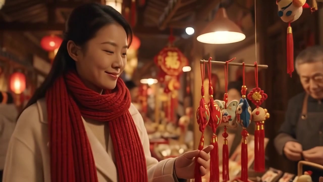 Young Woman Shopping for Traditional Chinese New Year Decorations at a Market