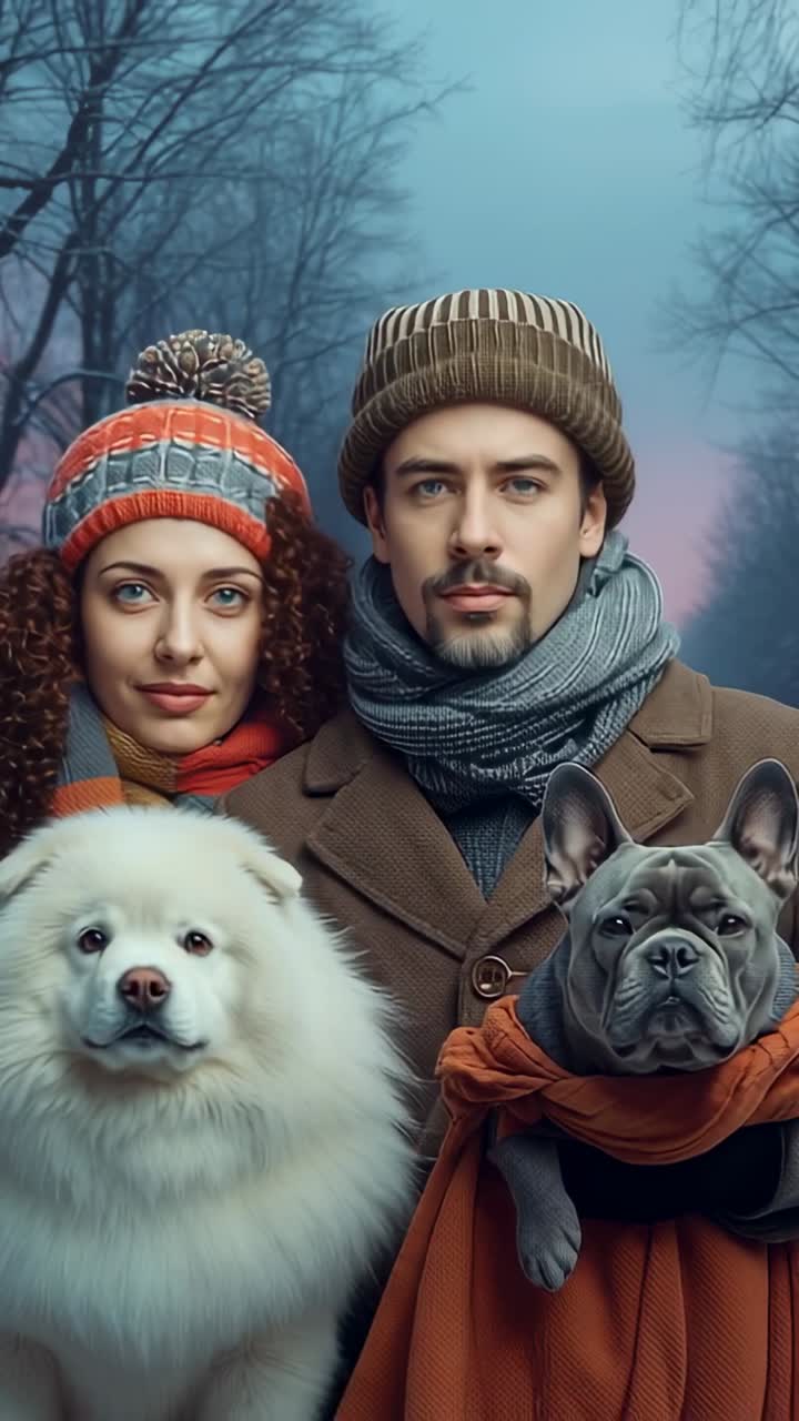 Vertical video: Camera recording couple posing with dogs in winter forest, showcasing scarves