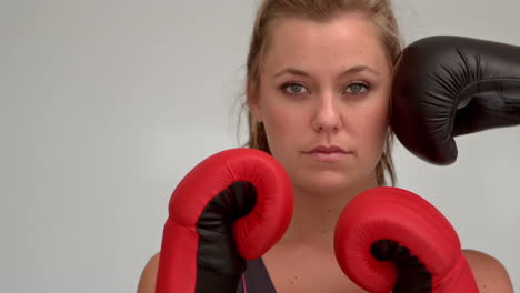 female boxer being hit with boxing glove