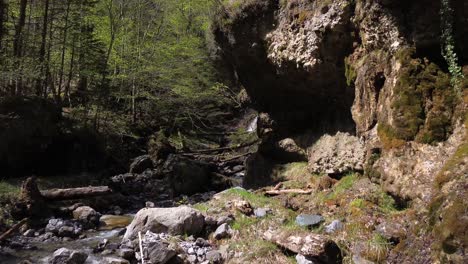 Drohne-Fliegt-Durch-Magischen-Wald-Mit-Gebirgsfluss-Und-Wasser,-Das-Von-Klippen-Fällt