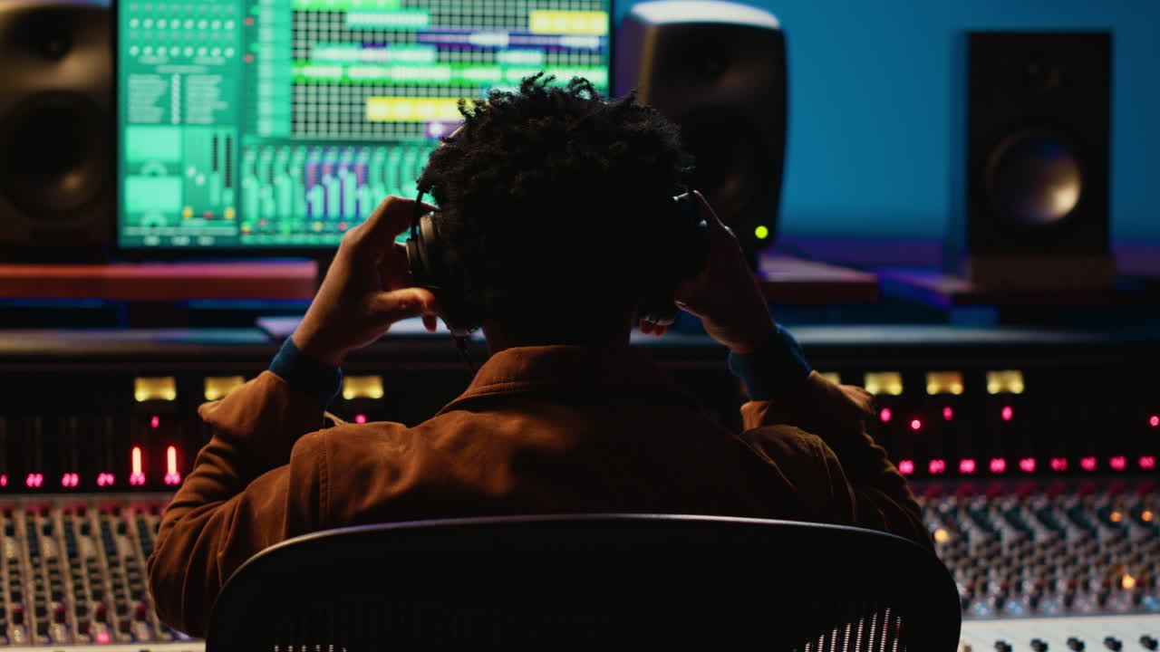 Professional tracking engineer using headphones to edit recorded tracks