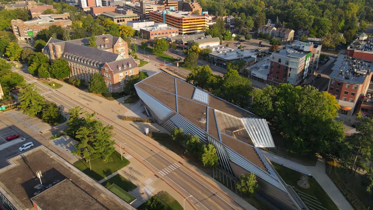 Eli and Edythe Broad Art Museum, part of Michigan State University (MSU), aerial orbit view