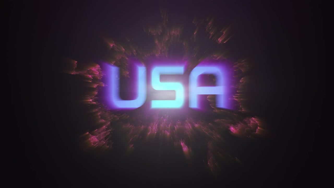 Esplosione luminosa con rivelazione del testo USA in blu e rosa.