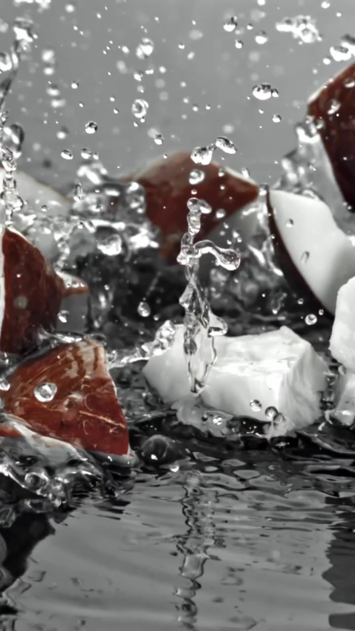 Fresh Coconut Pieces Splashing into Water in Slow Motion