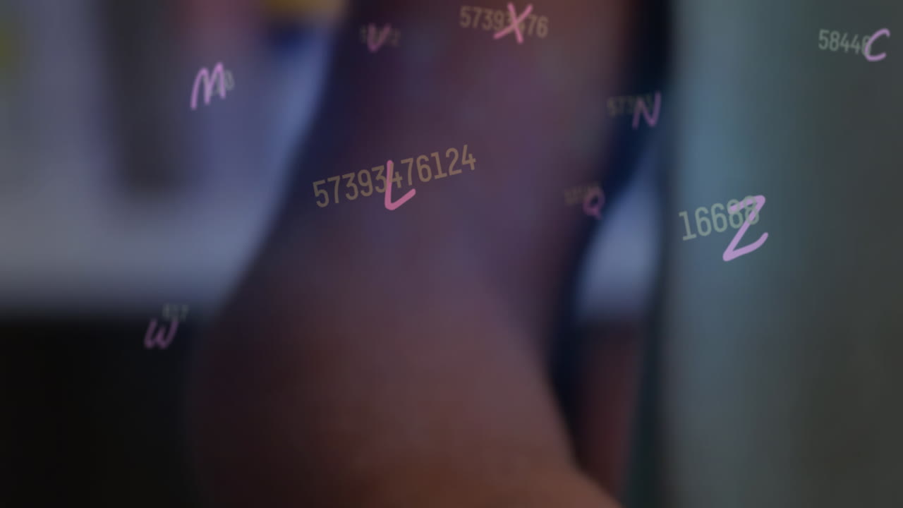 Animation of letters and numbers over african american schoolboy