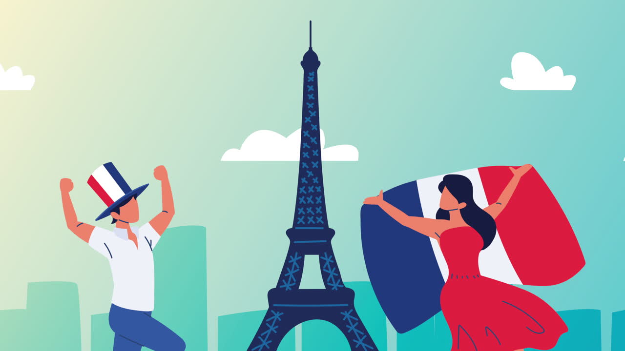 에펠탑에 프랑스 발을 들고 있는 프랑스 부부
