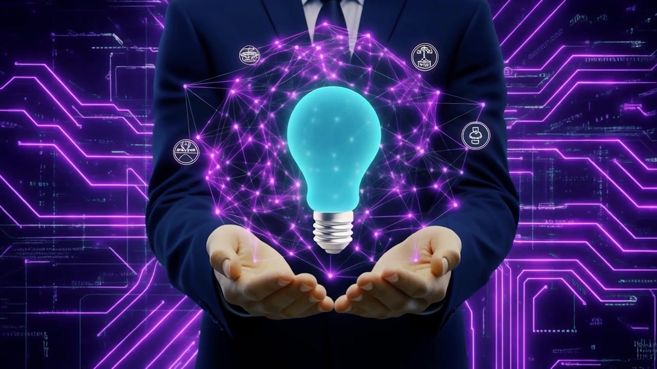 Konsep Pengusaha Memegang Bola Lampu Digital Bercahaya