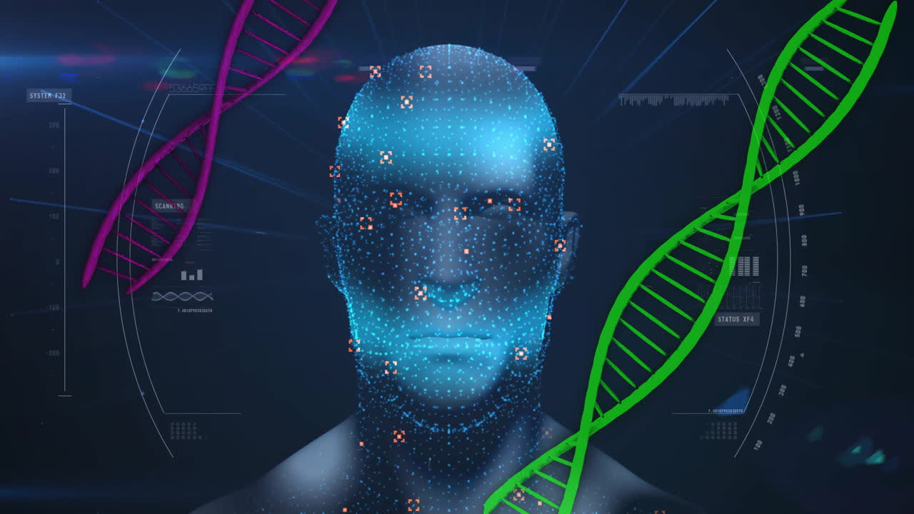 cabeza humana con puntos digitales y cadenas de adn, animación de datos genéticos