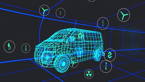 animación de iconos que procesan datos de estado sobre un modelo de furgoneta 3d que se mueve sobre un fondo negro