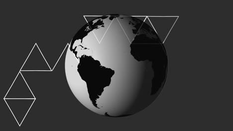 animation of network of triangles over planet earth spinning on grey background
