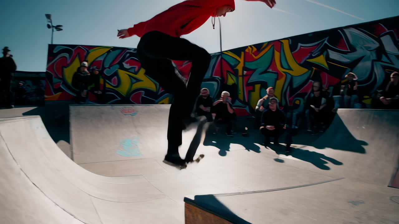 Skateboarder in Red Hoodie Performing Tricks at a Sunny Skate Park with Graffiti