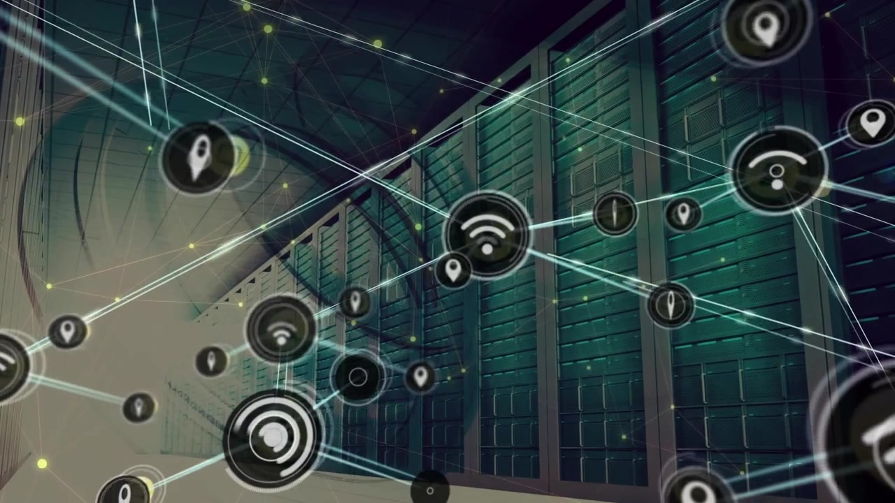 Animation of network of connections with icons over server room