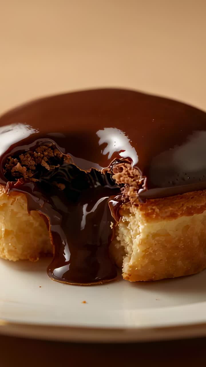 Video verticale: cioccolato caldo che cola fuori campo su un tavolo, la salsa riempie il cuore del dolce per glassarlo