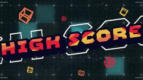 Digital-animation-of-retro-style-high-score-text-and-abstract-shapes-against-grid-network