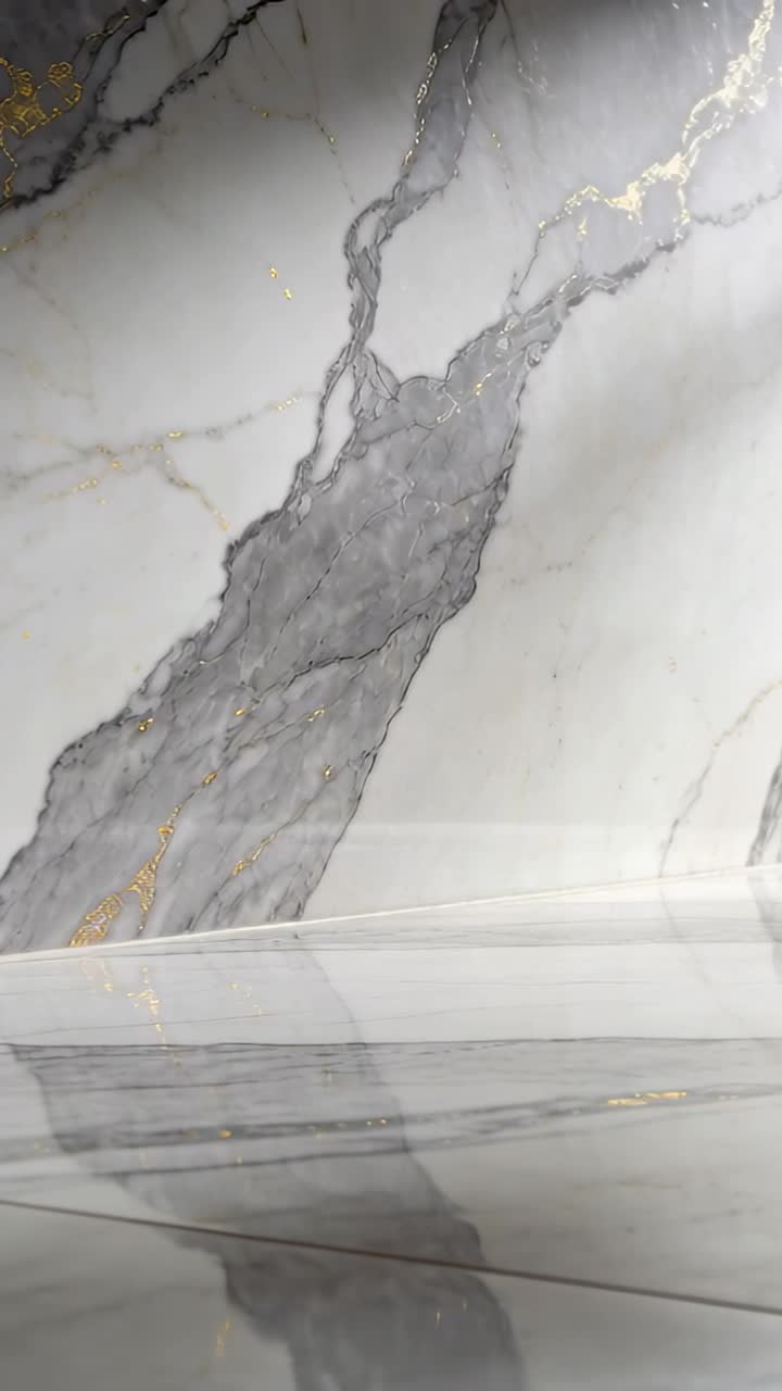 Video vertical: Cámara inclinándose mostrando vetas doradas en mármol blanco grisáceo y un espejo con costura brillante en una sala de exposición
