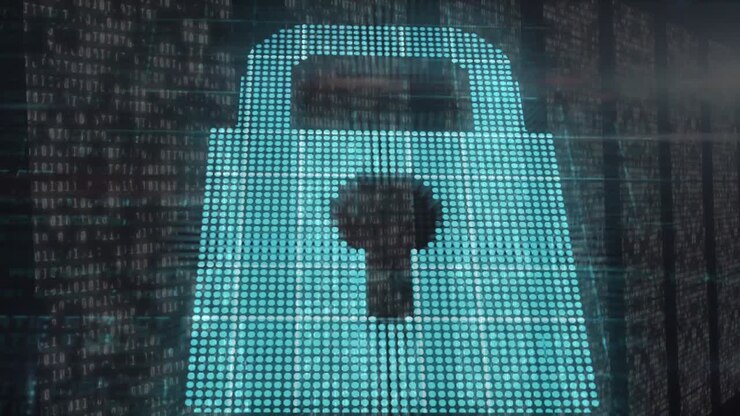 Animation of padlock with data processing in background