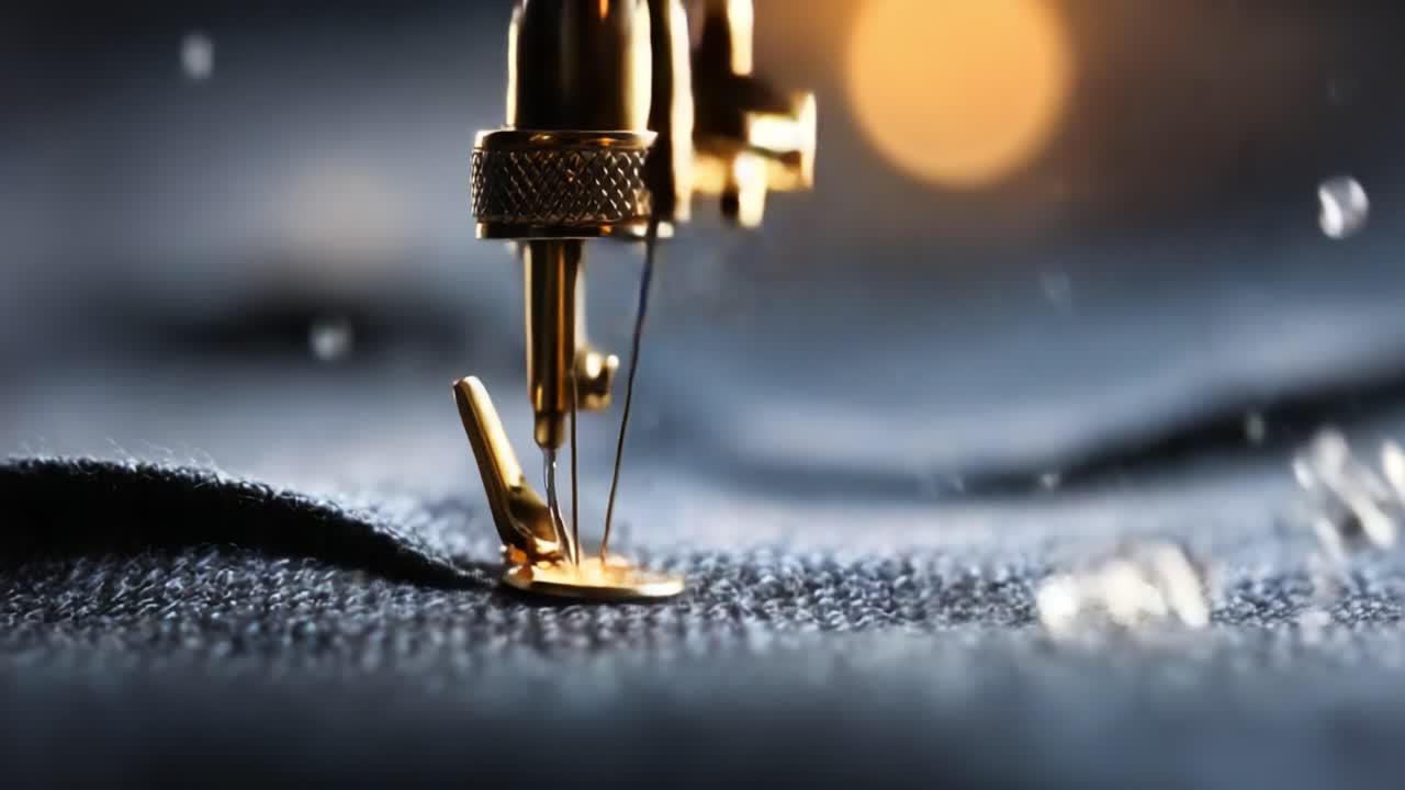 Close-Up on a Sewing Machine Needle in Action, Showcasing the Precision of Stitching Fabric as Water Droplets are Released, Highlighting the Intricacies of Textile Work