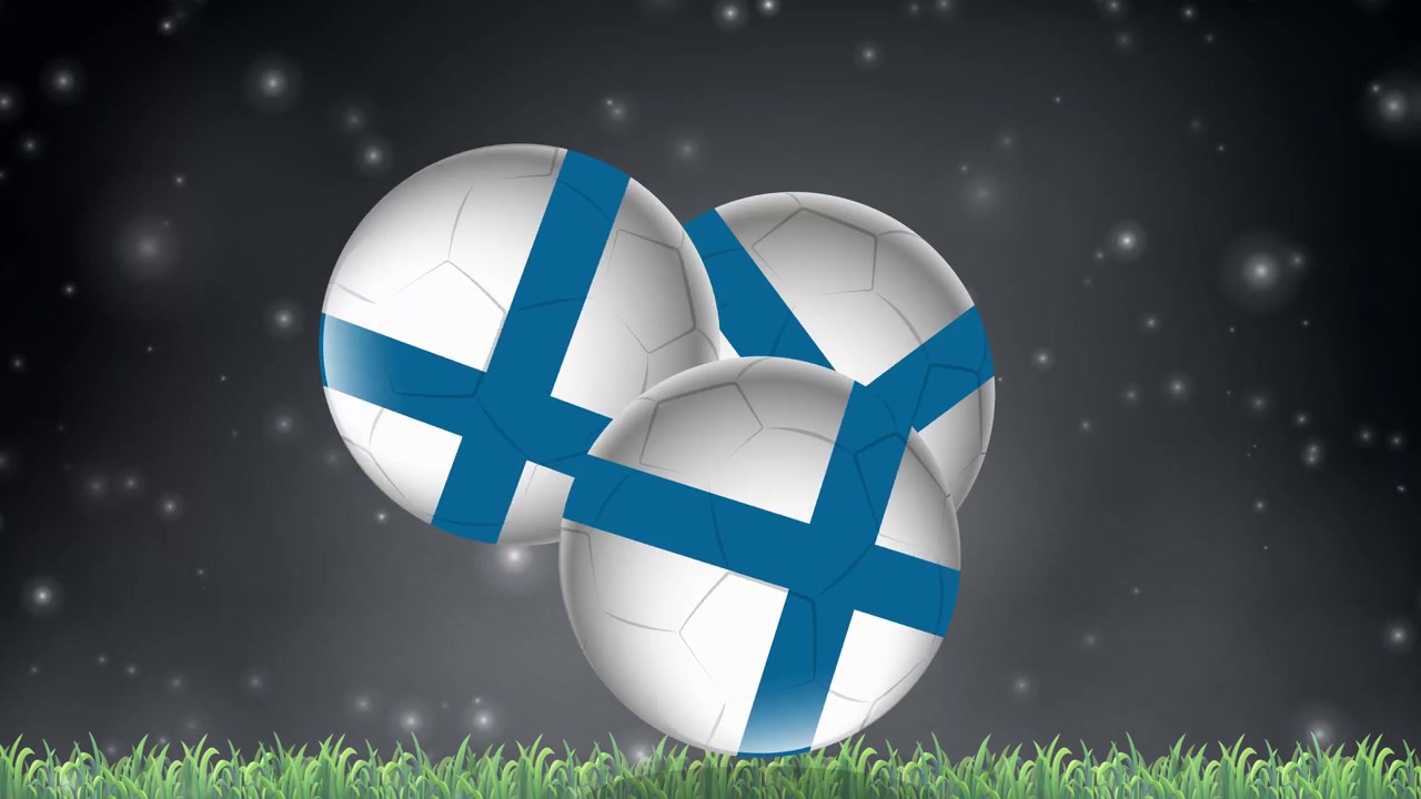 Graphic soccer balls bounce across green grass against a dark, glowing particle background.