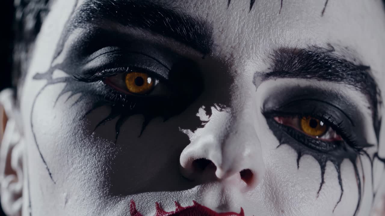 Close-up shot of a face with dramatic makeup, featuring dark eyes and red lips