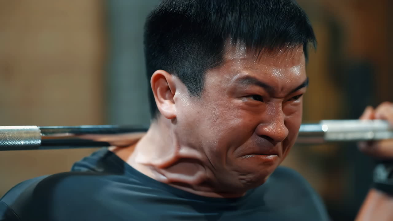 Man Straining Intensely While Weightlifting