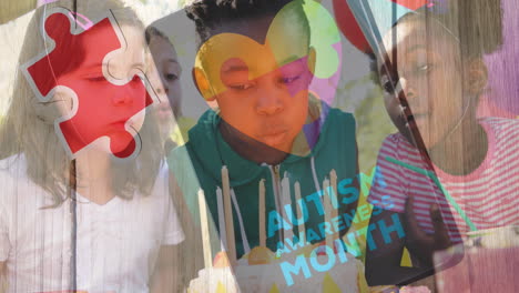 animation of colourful puzzle pieces and autism text over kids on birthday