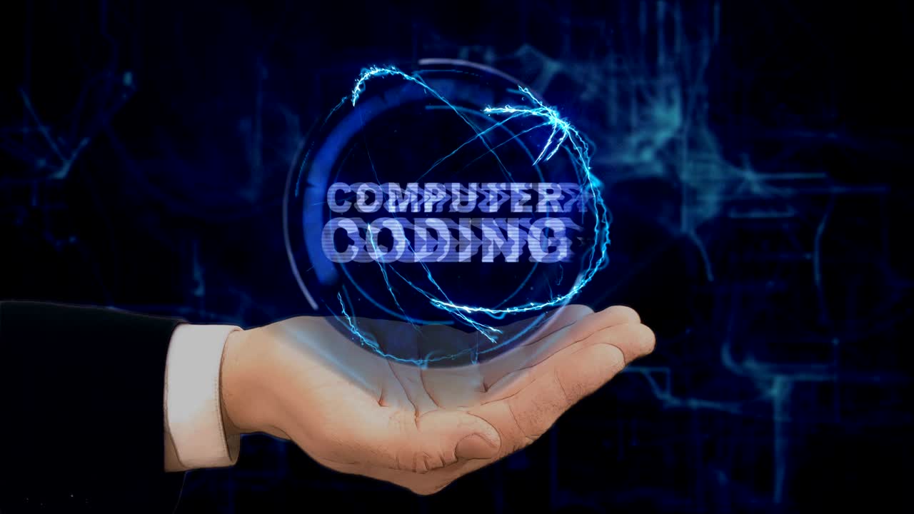 mano pintada muestra concepto holograma codificación de computadora en su mano