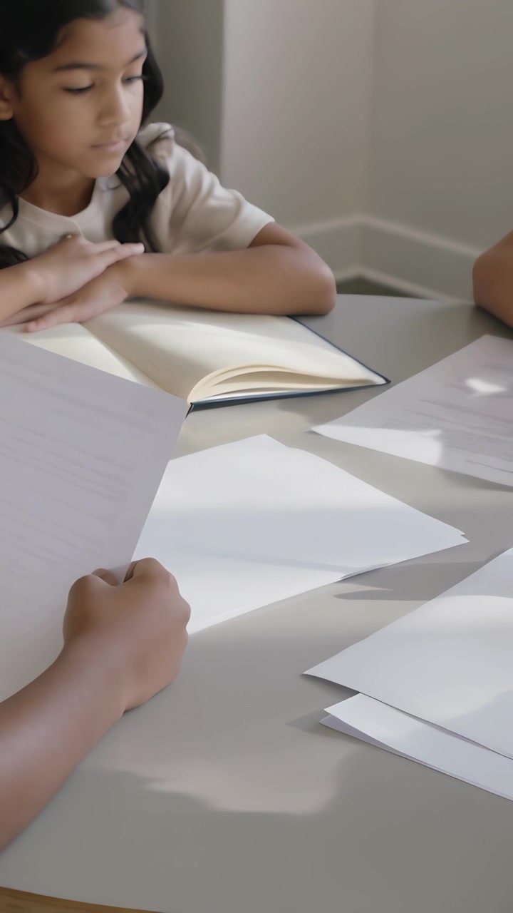 Video verticale: Ragazza che guarda con le braccia incrociate al tavolo con un libro, un'altra persona che inizia a impilare fogli.