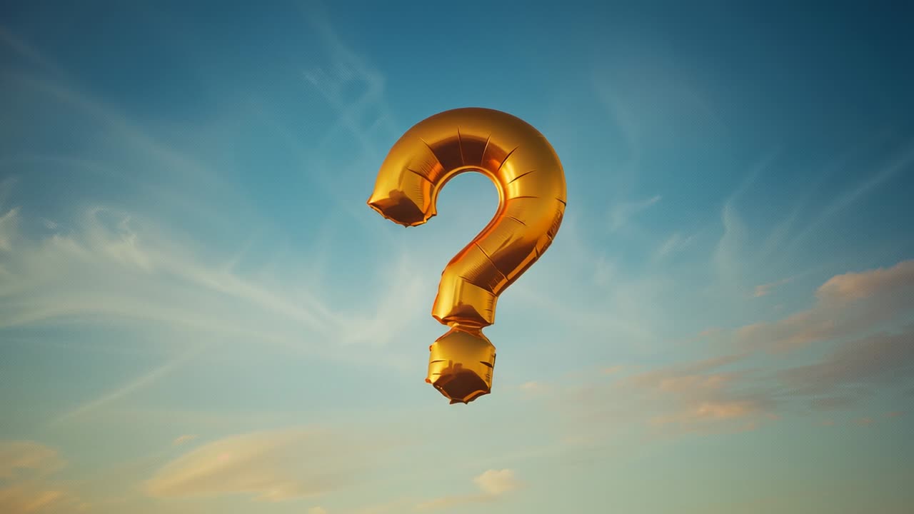 Drifting into view gold question mark balloon rotating in open-air dawn sky, invoking curiosity