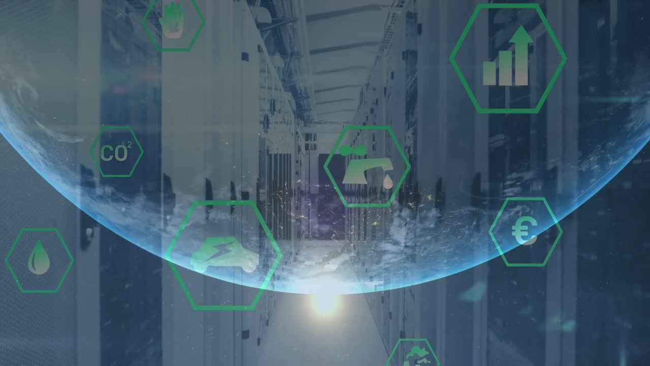 Animation of sustainable resource icons in hexagons and globe over server room