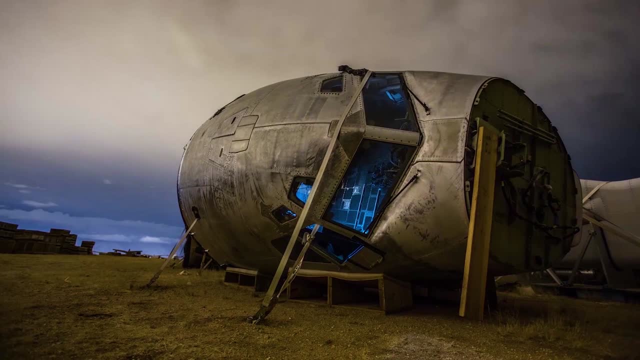 밤에 폐차장이나 버려진 비행기 폐차장을 통해 멋진 저속 촬영 9