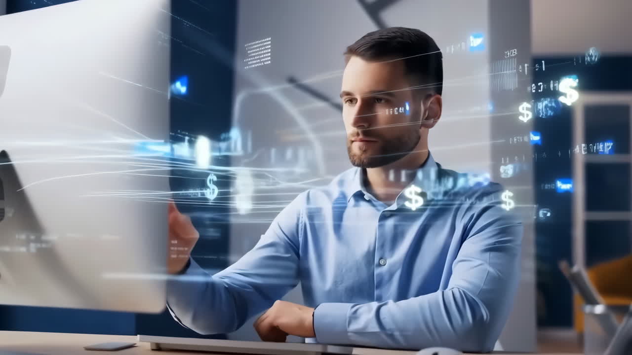 Man Analyzing Financial Data on Computer in a Modern Office