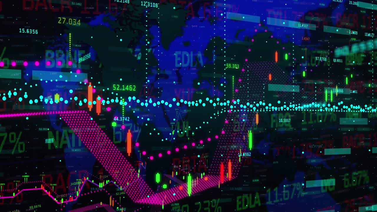 블랙 배경의 세계 지도 위의 금융 그래프와 데이터의 애니메이션