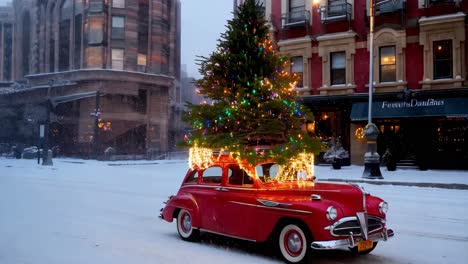 vintage car with christmas tree on top in snowy city