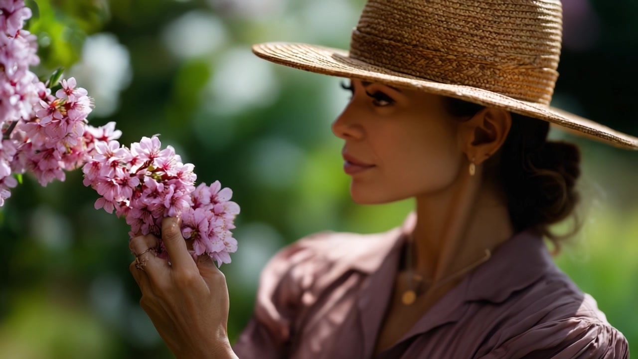 Una donna con un cappello di paglia esamina delicatamente splendidi fiori rosa in un rigoglioso giardino, catturando la serenità e l'eleganza della natura in piena fioritura.