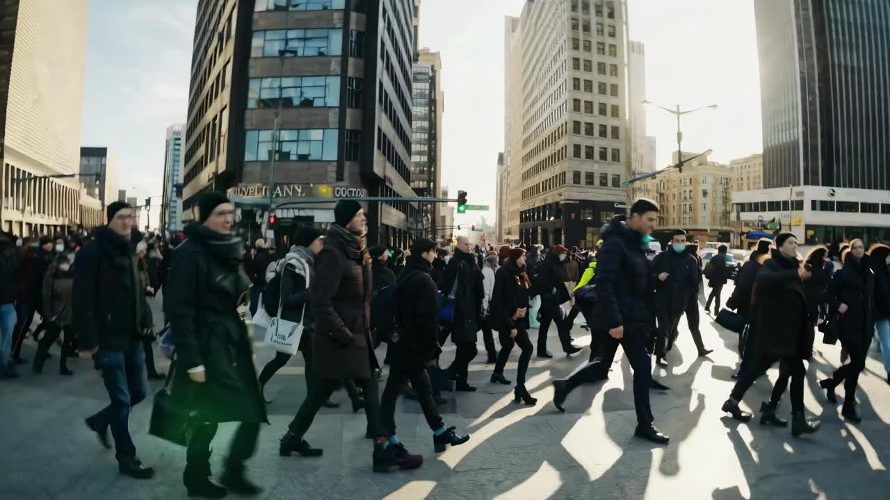 Wide-angle street video capturing a bustling city scene with people crossing at an intersection