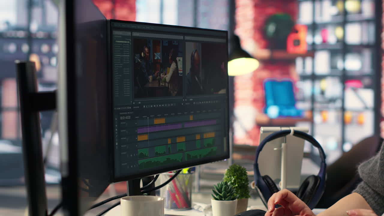Focused editor woman works on video montage in creative software