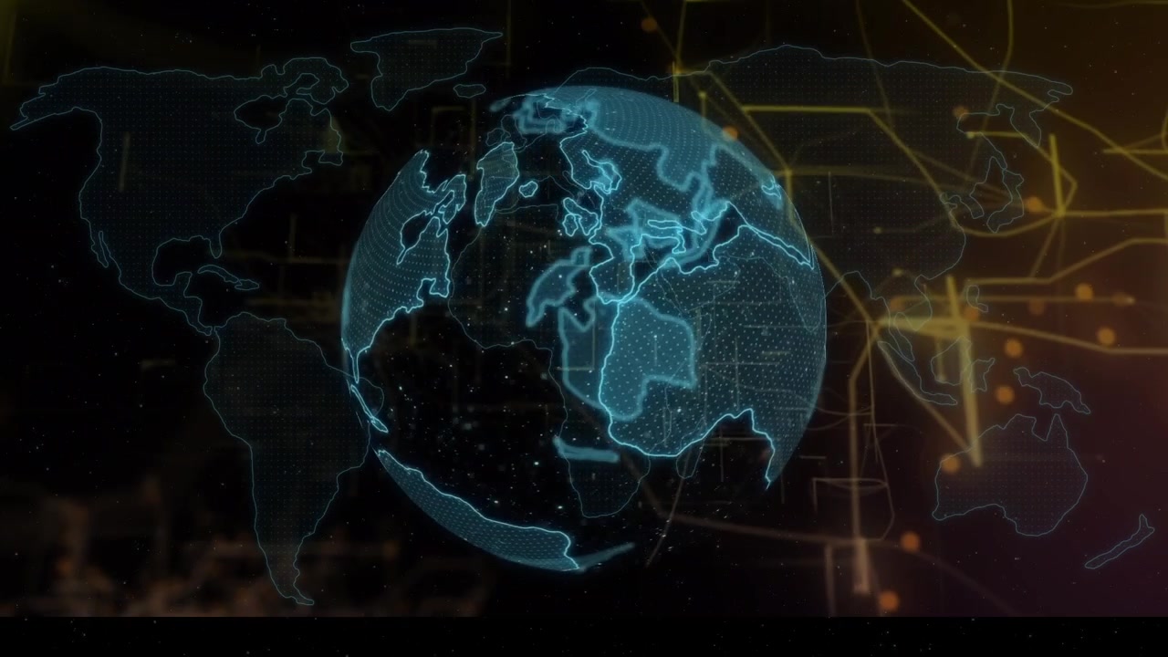 Animation of globe with world map on digital interface abstract connecting dots