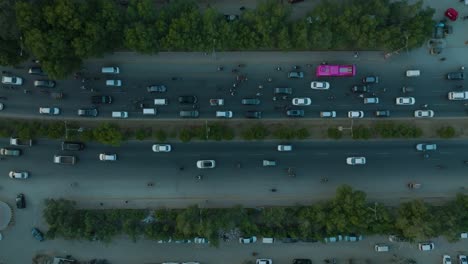 Top-Down aerial view of Traffic on Shahrah-e-Faisal road, Pakistan
