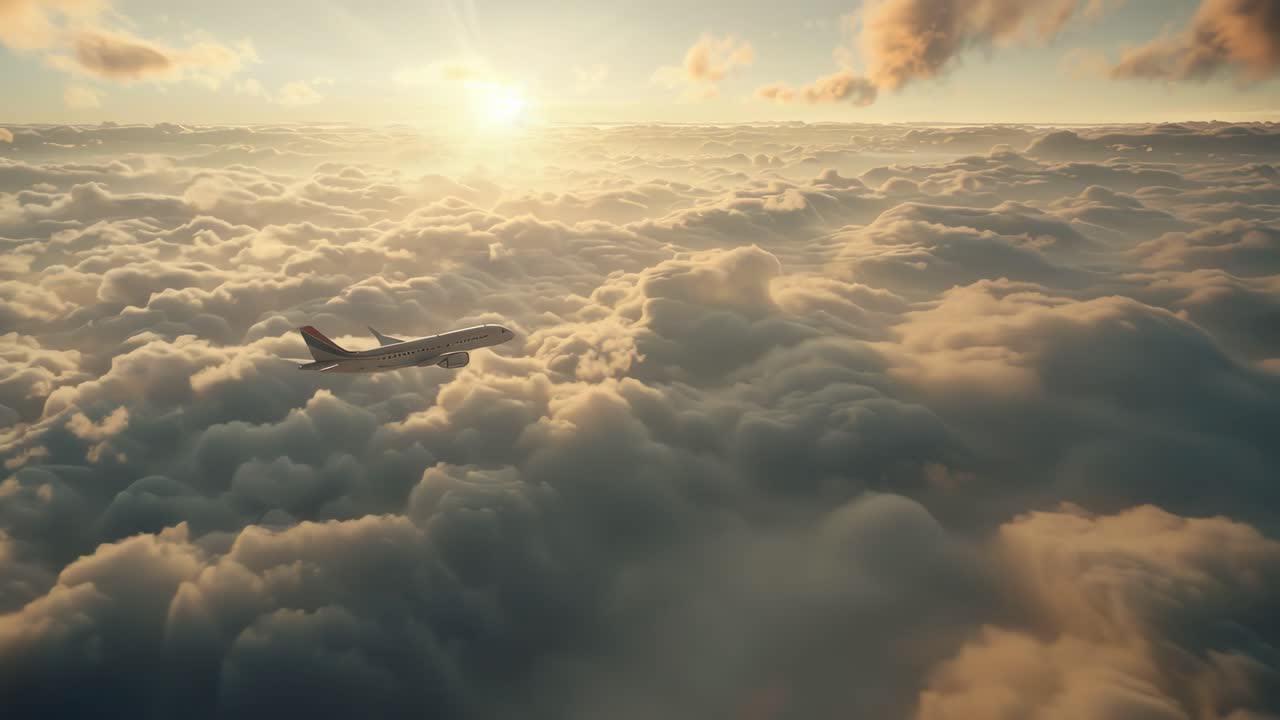 Video aereo che riprende un aereo che vola sopra soffici nuvole al tramonto, con una visuale grandangolare