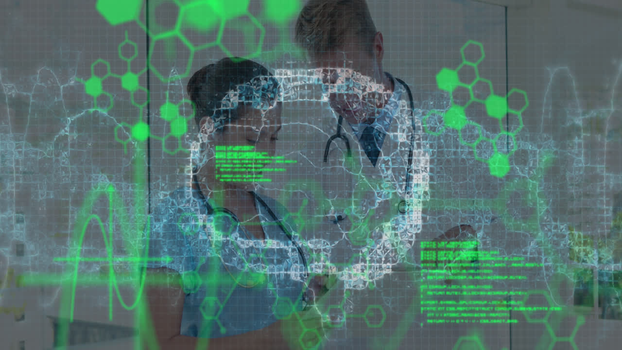 Animation of data processing and dna strand spinning over diverse doctors