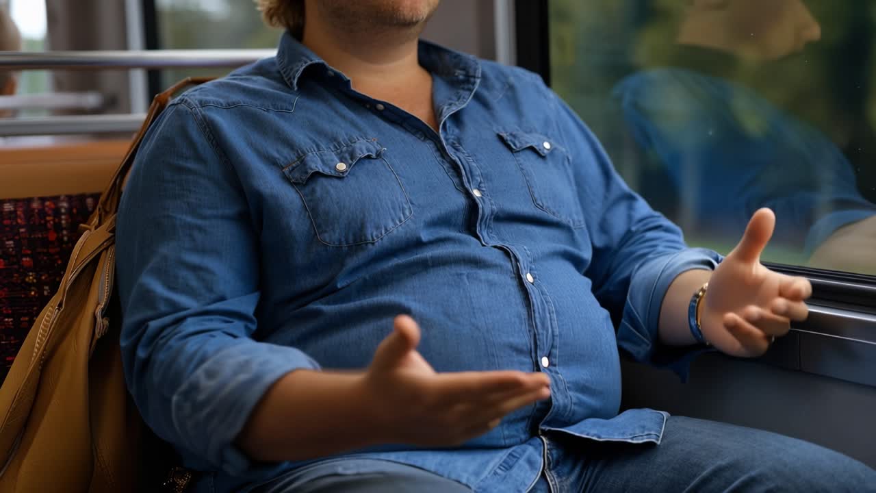 Man sits quietly, hands folded, looking out window. He wears blue denim shirt, relaxed posture. Watch glints softly on his wrist as train moves. Views pass outside, blurred green and brown