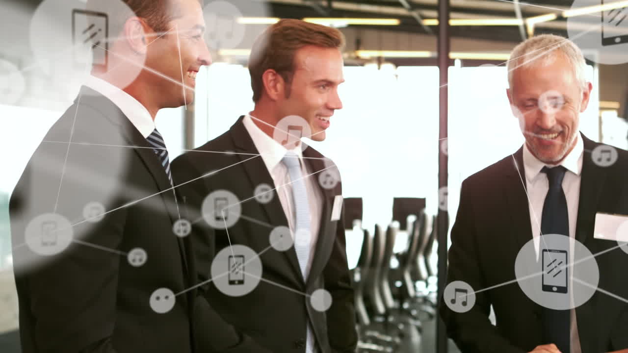 사무실에서 비즈니스 사람들에 대한 아이콘과 연결 네트워크의 애니메이션