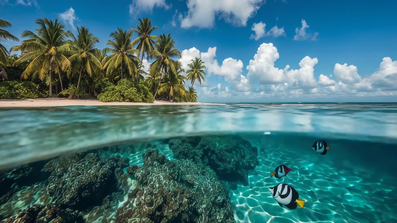 Tropical Island Paradise with Underwater Coral Reef and Fish