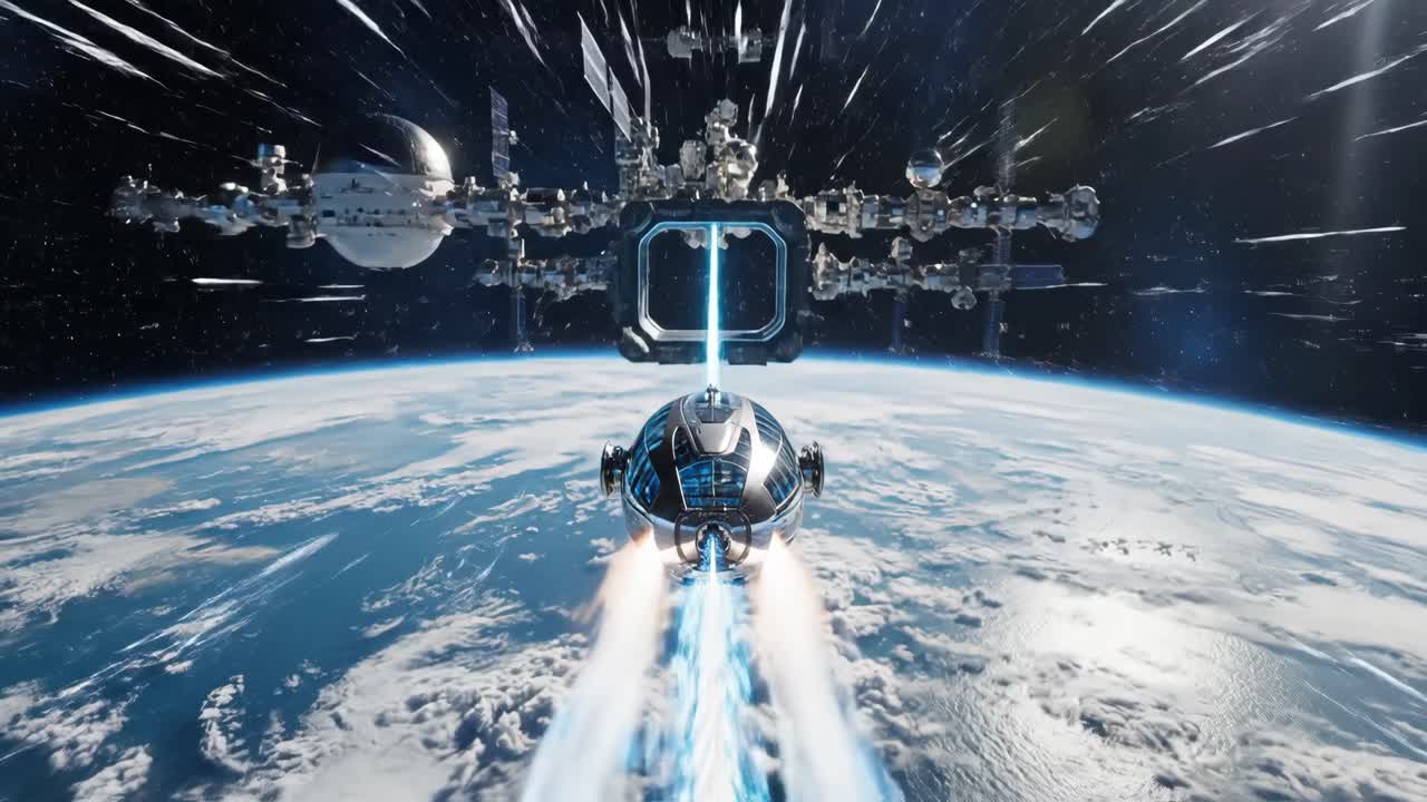 Spaceship Docking at Space Station Above Earth