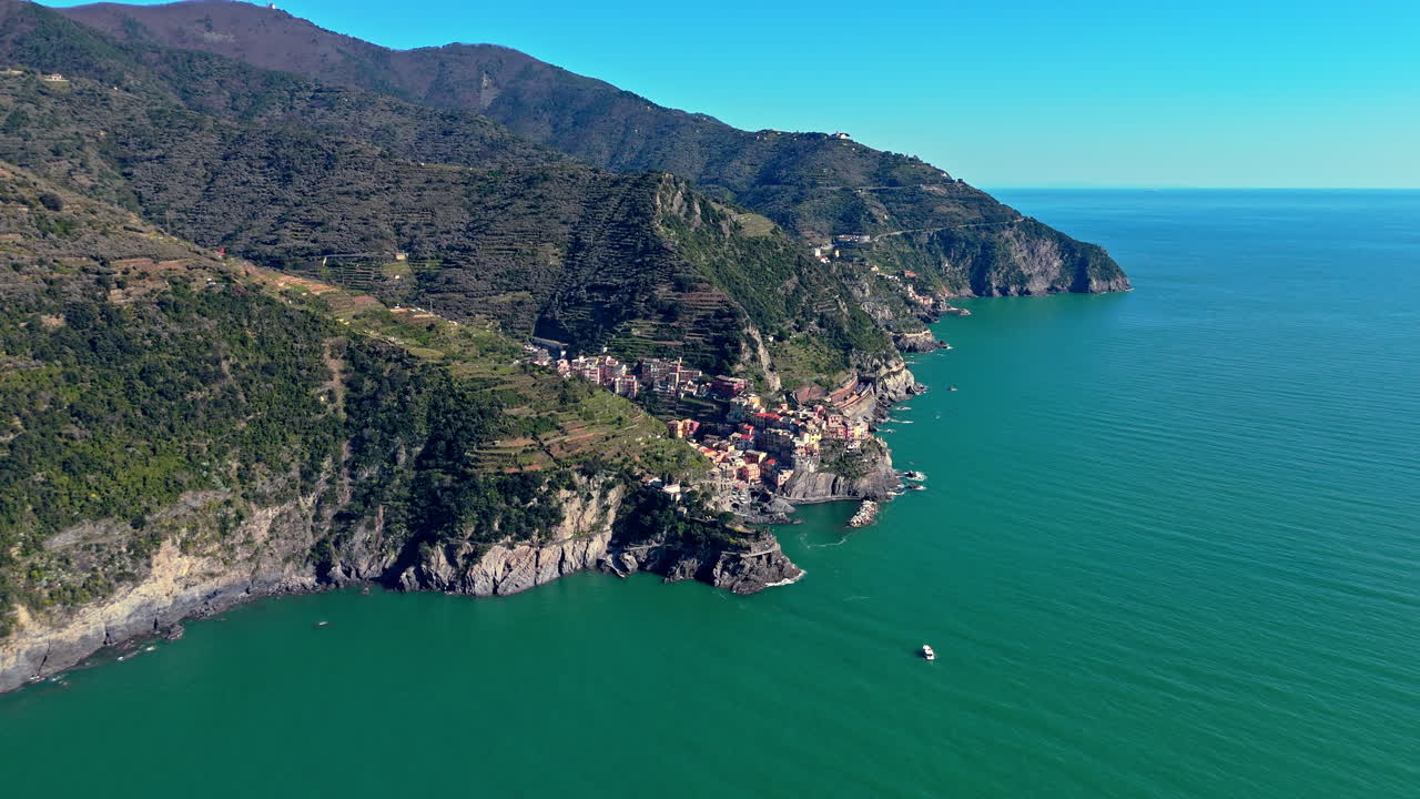 The beautiful coastal village of manarola in cinque terre, italy, aerial view