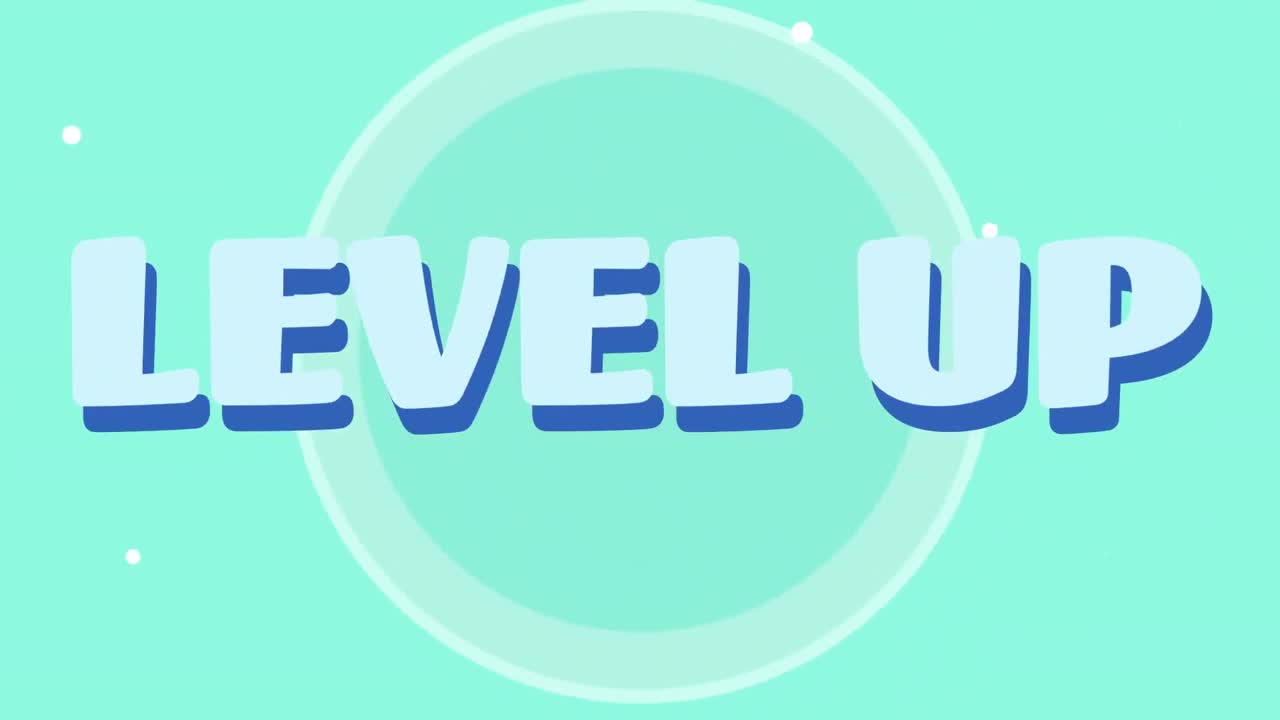 파란색 배경에 대한 기하학적 모양 위의 레벨 업 텍스트의 애니메이션