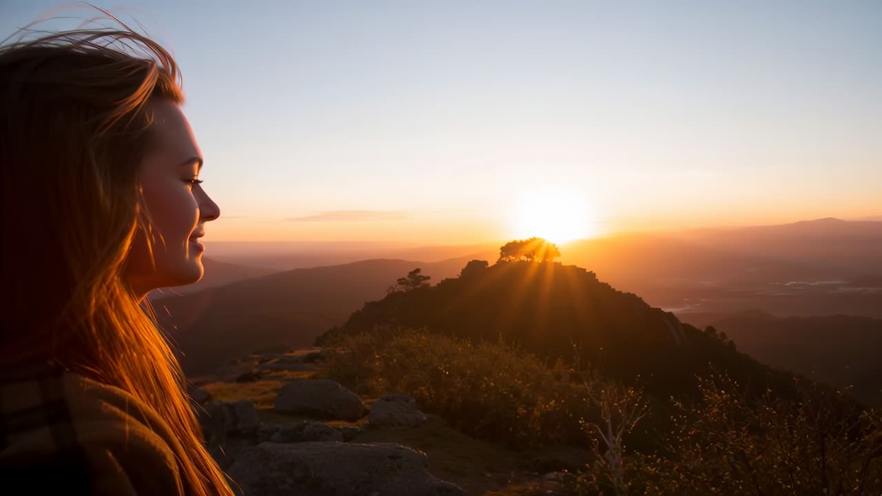 Senderista de pie con camisa de cuadros desplazándose hacia el centro de la cresta, a contraluz, observando el amanecer, espacio para texto